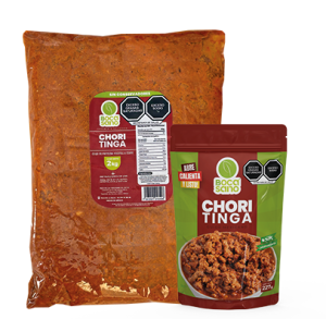 <strong>PRESENTACIÓN 227gr. y 2kg.</strong></br>Guiso de proteína vegetal y chorizo de cerdo en salsa roja de tomate y tomatillo.