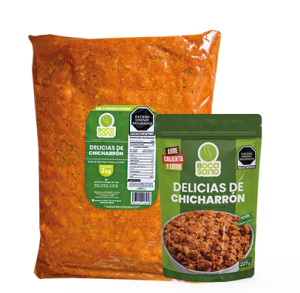 <strong>PRESENTACIÓN 227gr. y 2kg..</strong></br>Guiso de proteína vegetal y chicharrón de cerdo en salsa de diferentes chiles; picante.