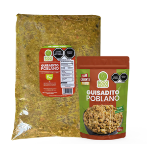 <strong>PRESENTACIÓN 227gr. y 2kg.</strong></br>Guiso de proteína vegetal y carne de cerdo con pequeños trozos de papa y chile poblano, en salsa de tomatillo.